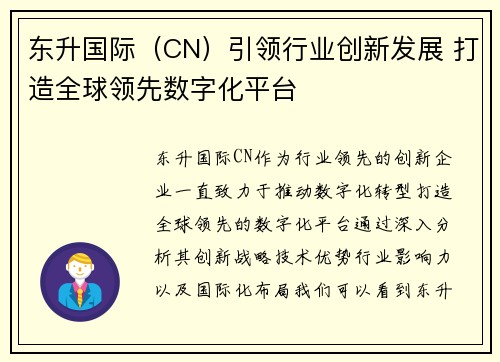 东升国际（CN）引领行业创新发展 打造全球领先数字化平台
