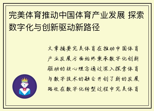 完美体育推动中国体育产业发展 探索数字化与创新驱动新路径